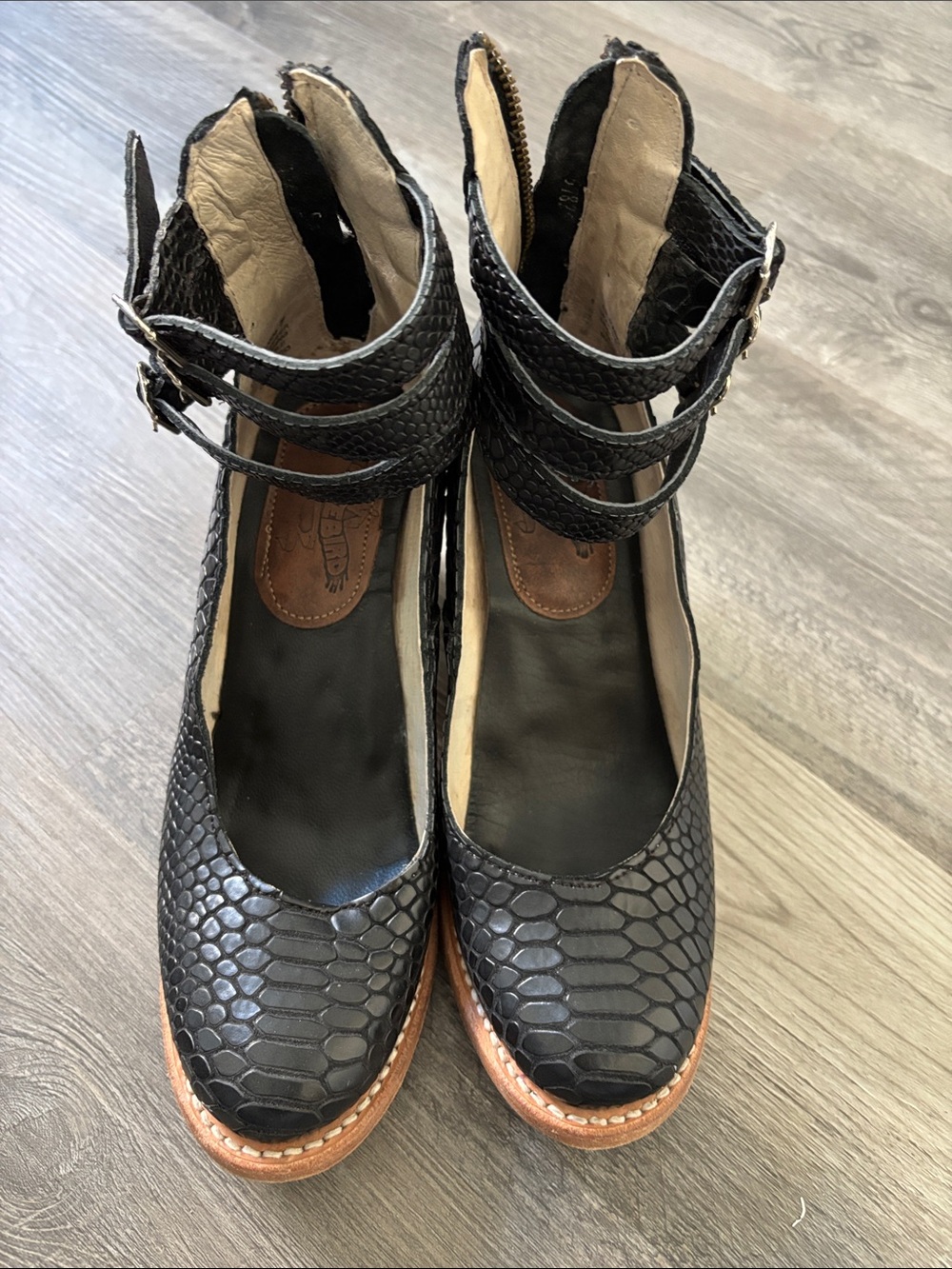 freebird Black Snake-Embossed Leather Wedge Pumps with Tan Trim